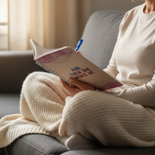 Person sitting on a couch holding a notebook with a pen, wearing a white sweater.
