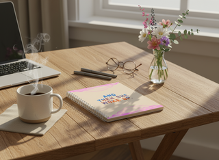Wooden desk with laptop, coffee cup, notebook, glasses, and flowers.